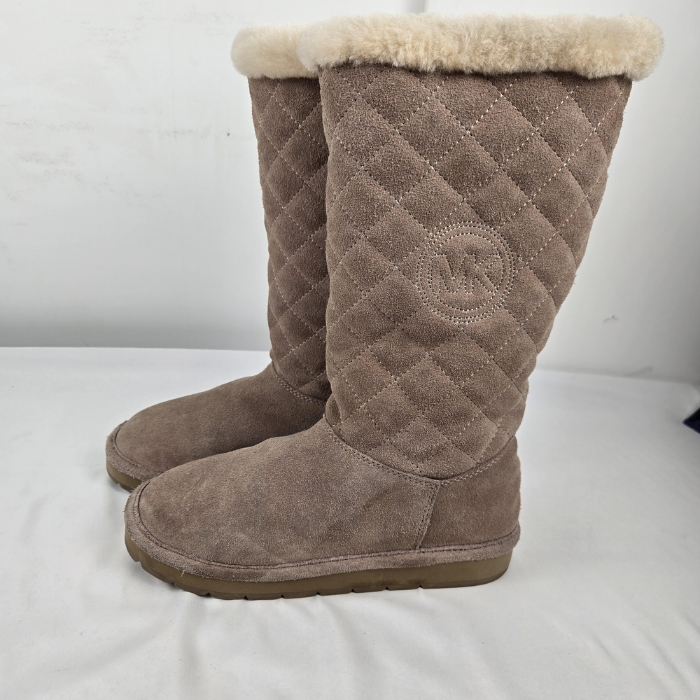 Michael Kors Quilted Suede Shearling-Trim Tall Boot - Taupe 6M - Picture 2 of 12